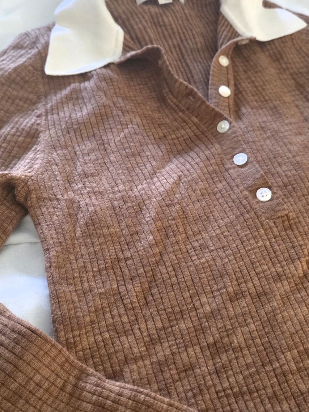 LOFT Brown Pumpkin Ribbed Knit Top with Cream Collar Size Large L